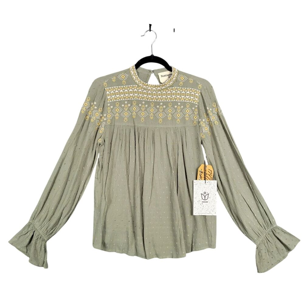 NWT SAVANNA JANE Green Geometric Embroidered Gauzy Swiss Dot Top SIZE SMALL